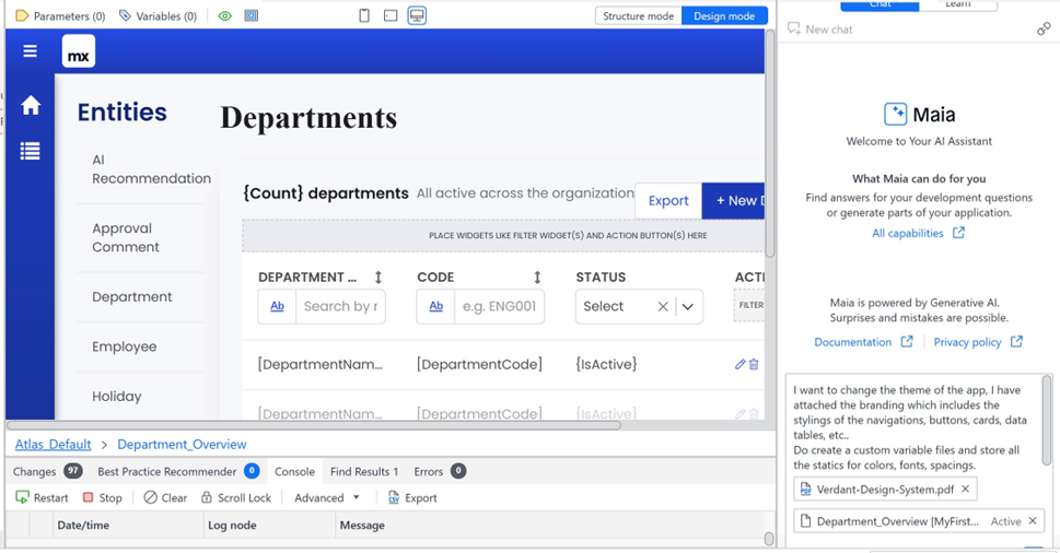 Theming a Mendix app with Maia in a single prompt using a brand PDF