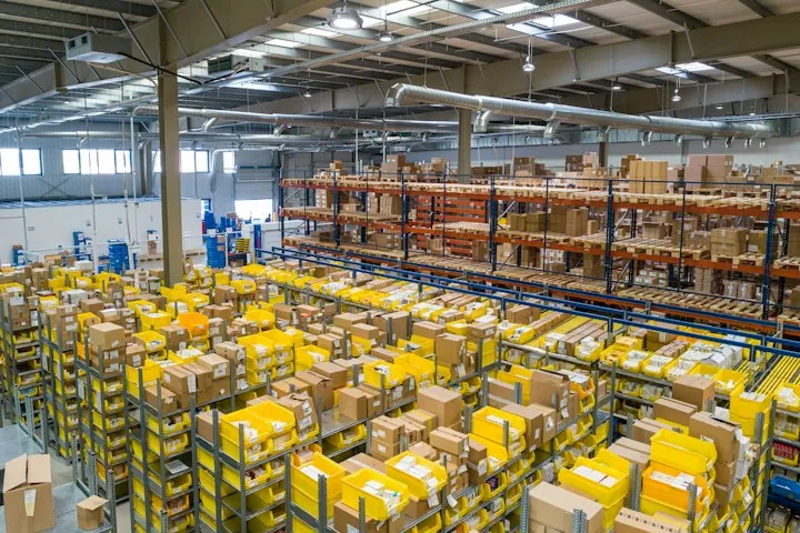 Warehouse aisles stacked with goods